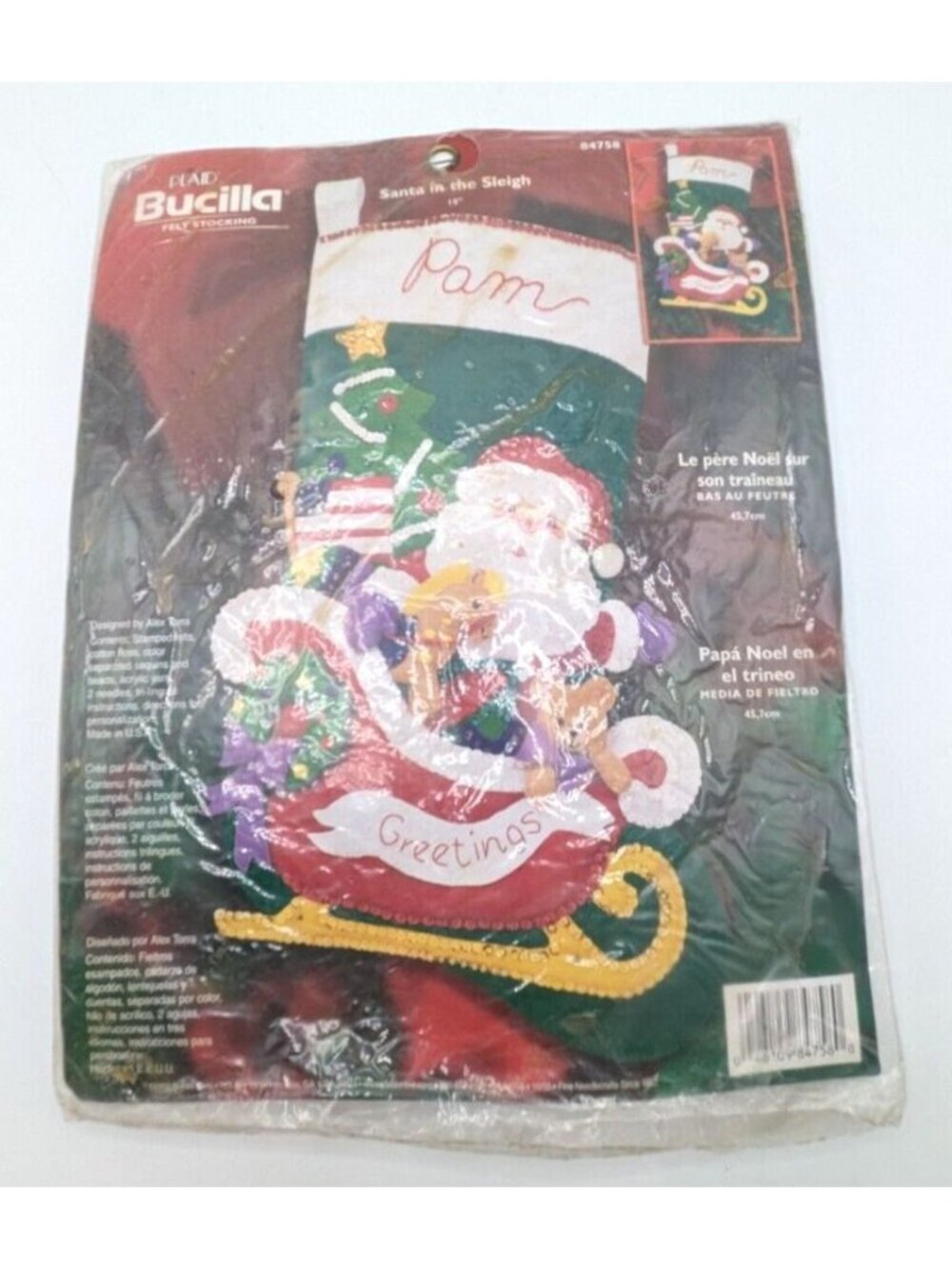 Vtg Bucilla Santa in the Sleigh Felt Christmas Stocking Kit 84758 18" NOS 2002